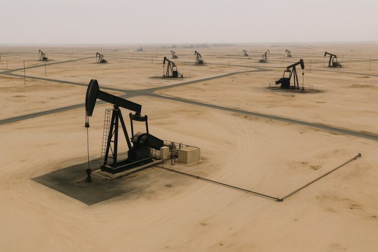 Campos petroleros de la OPEC en Arabia Saudita con torres de extracción activas en el desierto