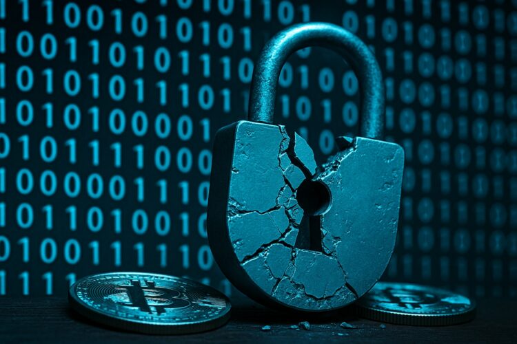 Un candado digital Cripto roto en primer plano con un fondo azul de código binario en pantalla