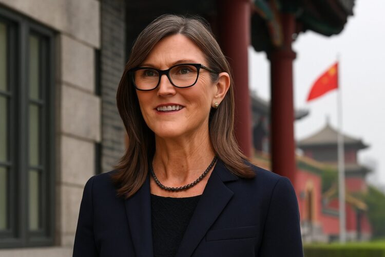 Retrato editorial de Cathie Wood en entorno corporativo con guiños sutiles a China.