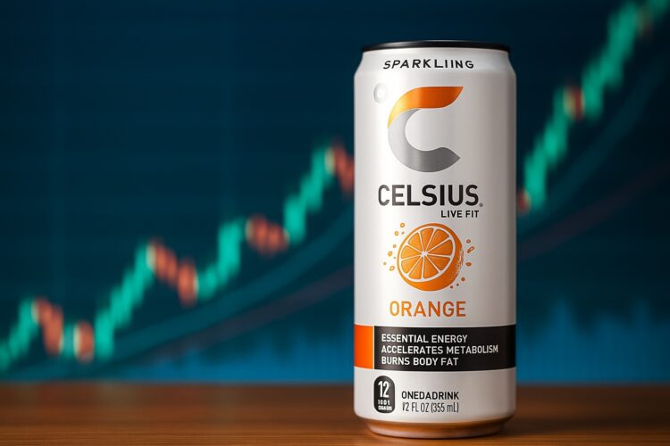  Lata de bebida Celsius en primer plano con gráficos bursátiles ascendentes desenfocados detrás