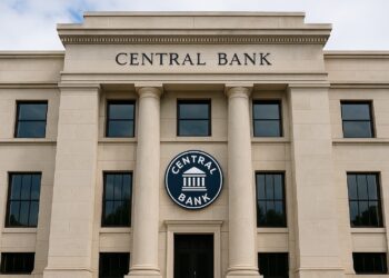 Edificio neoclásico con columnas y logo visible de un banco central en su fachada principal