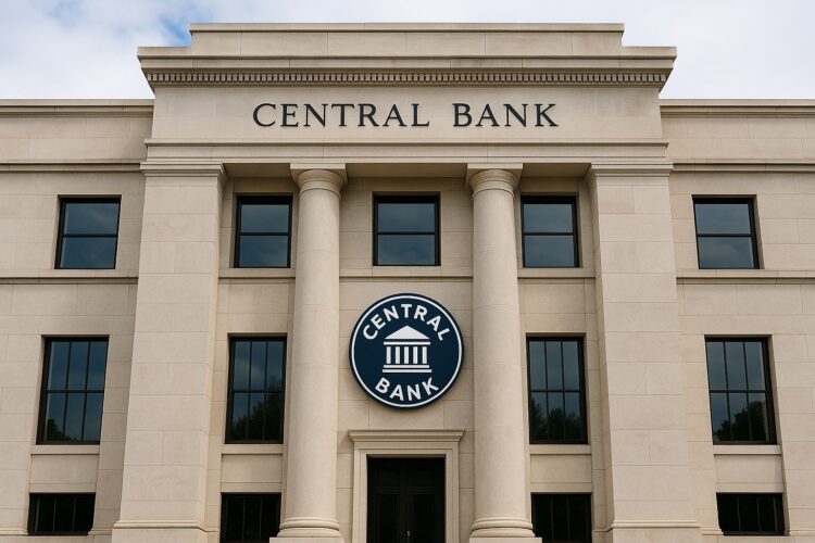 Edificio neoclásico con columnas y logo visible de un banco central en su fachada principal