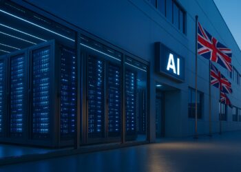 Exterior de un centro de datos futurista iluminado en azul con banderas del Reino Unido ondeando