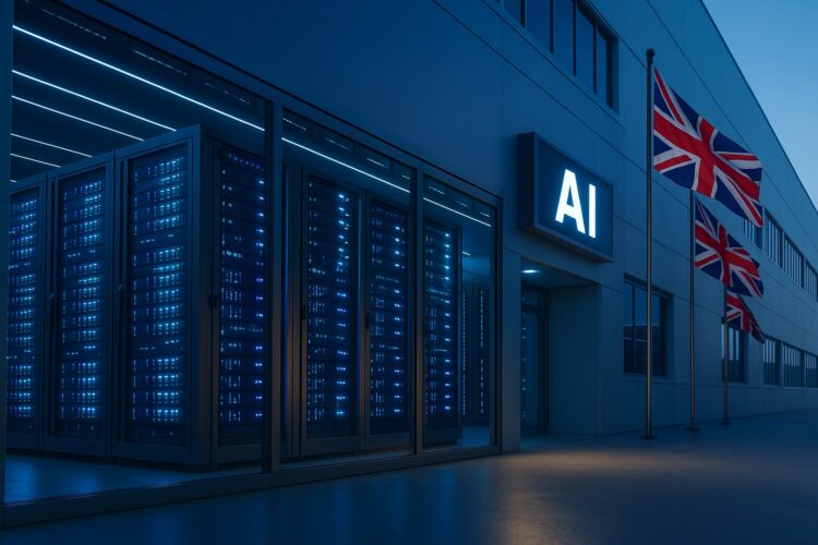 Exterior de un centro de datos futurista iluminado en azul con banderas del Reino Unido ondeando