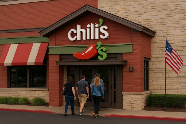Fachada de un restaurante Chili’s con logotipo visible y varios clientes entrando por la puerta principal