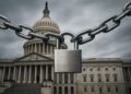 El Capitolio de Estados Unidos con un candado metálico en relieve, símbolo del cierre de gobierno.