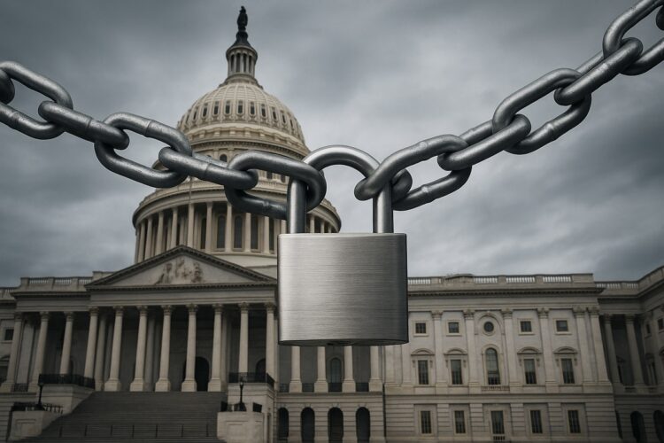 El Capitolio de Estados Unidos con un candado metálico en relieve, símbolo del cierre de gobierno.