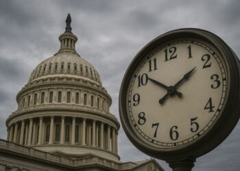 Capitolio bajo cielo gris con gran reloj en primer plano, reflejando impacto en el mercado.