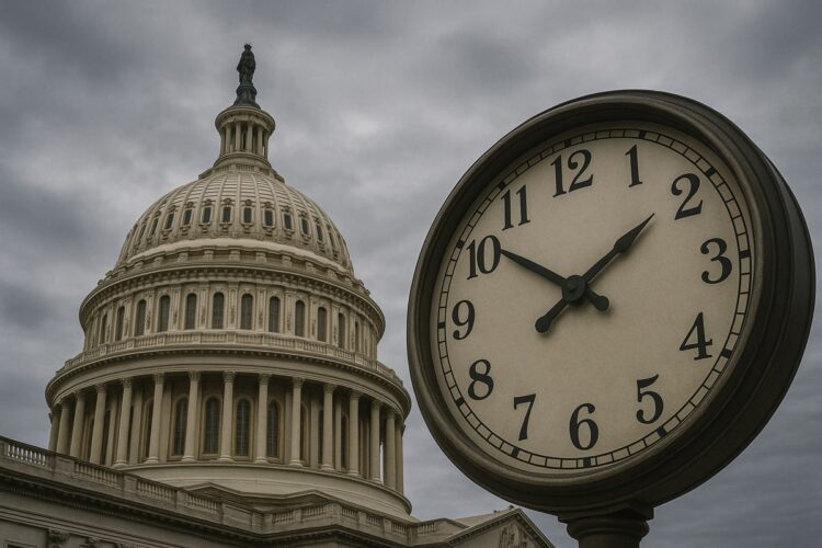Capitolio bajo cielo gris con gran reloj en primer plano, reflejando impacto en el mercado.