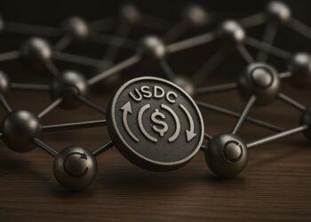Token USDC metálico con nodos conectados que simbolizan reversibilidad de transacciones.