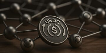 Token USDC metálico con nodos conectados que simbolizan reversibilidad de transacciones.