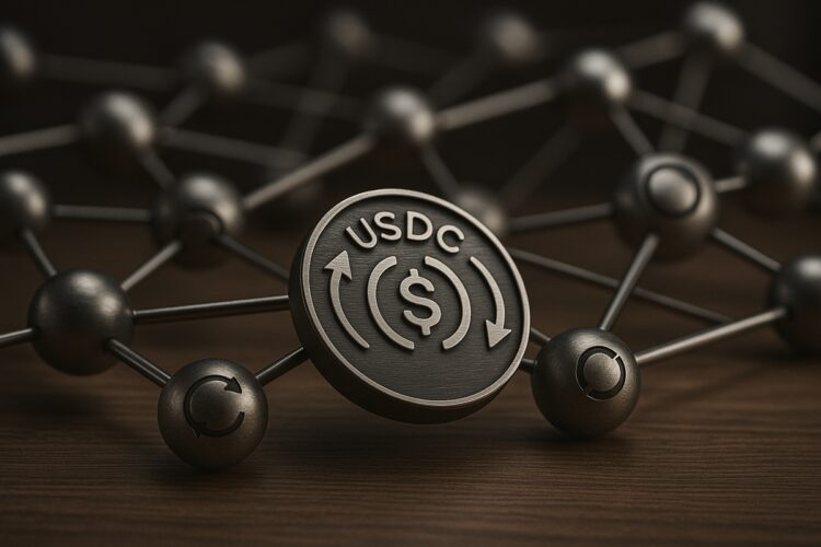 Token USDC metálico con nodos conectados que simbolizan reversibilidad de transacciones.