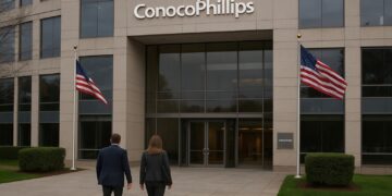 Fachada de ConocoPhillips con dos empleados entrando al edificio y banderas ondeando