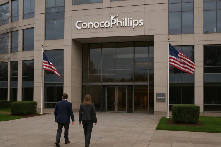 Fachada de ConocoPhillips con dos empleados entrando al edificio y banderas ondeando