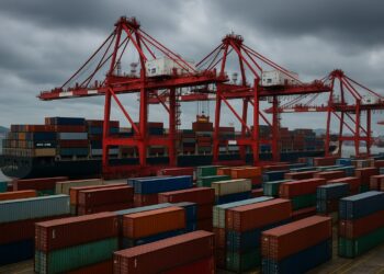 Vista de contenedores apilados en un puerto chino con grandes grúas rojas en operación