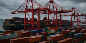 Vista de contenedores apilados en un puerto chino con grandes grúas rojas en operación