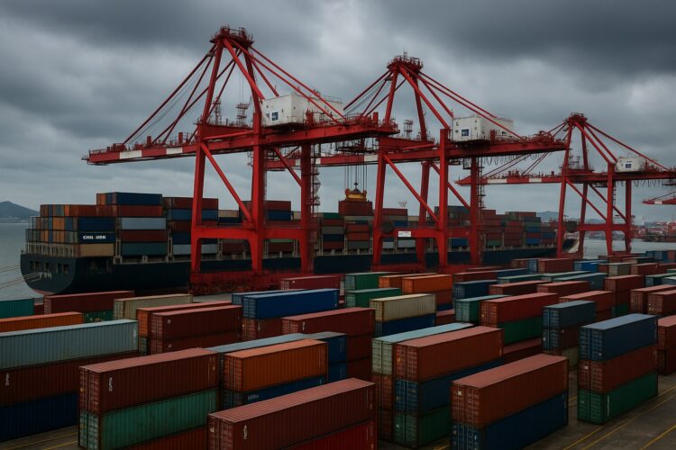Vista de contenedores apilados en un puerto chino con grandes grúas rojas en operación