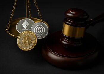 Martillo de juez junto a monedas digitales simbolizando regulación de criptomonedas.