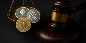 Martillo de juez junto a monedas digitales simbolizando regulación de criptomonedas.
