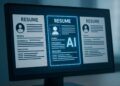 Monitor muestra currículums digitales resaltados y analizados por inteligencia artificial de OpenAI