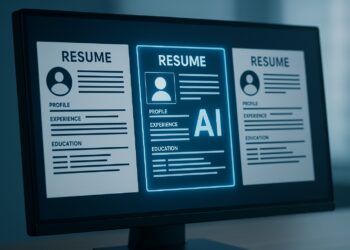 Monitor muestra currículums digitales resaltados y analizados por inteligencia artificial de OpenAI
