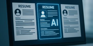 Monitor muestra currículums digitales resaltados y analizados por inteligencia artificial de OpenAI