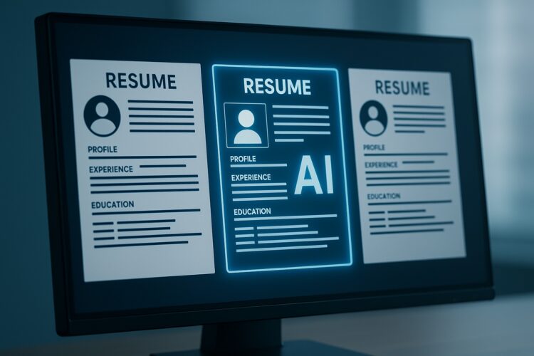 Monitor muestra currículums digitales resaltados y analizados por inteligencia artificial de OpenAI