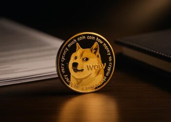 Moneda de Dogecoin dorada en primer plano como activo institucional.
