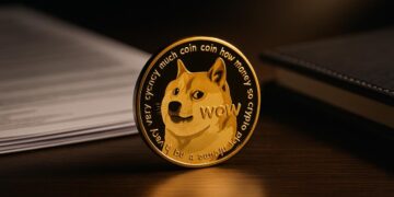 Moneda de Dogecoin dorada en primer plano como activo institucional.