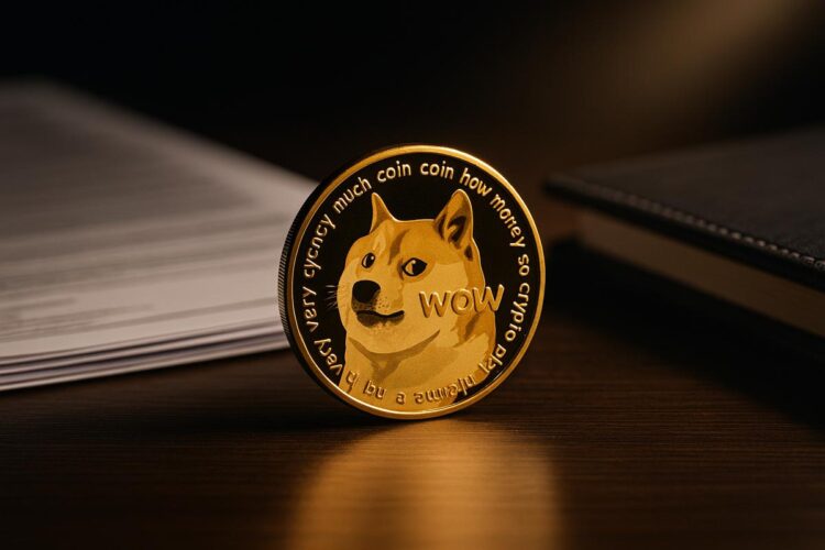 Moneda de Dogecoin dorada en primer plano como activo institucional.