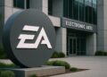 Logo de Electronic Arts en primer plano frente a su sede corporativa tras la venta.