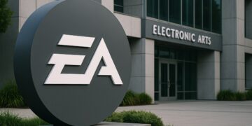 Logo de Electronic Arts en primer plano frente a su sede corporativa tras la venta.
