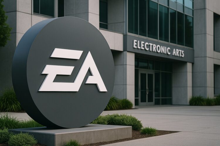 Logo de Electronic Arts en primer plano frente a su sede corporativa tras la venta.
