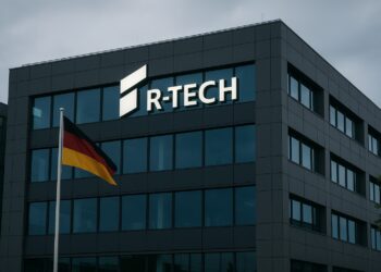 Fachada de edificio corporativo de Rheinmetall en Alemania con logotipo R-Tech iluminado y bandera alemana ondeando