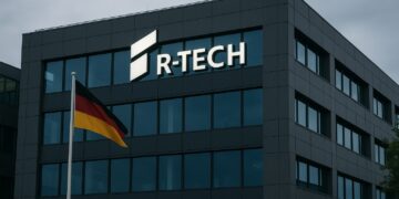 Fachada de edificio corporativo de Rheinmetall en Alemania con logotipo R-Tech iluminado y bandera alemana ondeando
