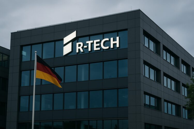 Fachada de edificio corporativo de Rheinmetall en Alemania con logotipo R-Tech iluminado y bandera alemana ondeando