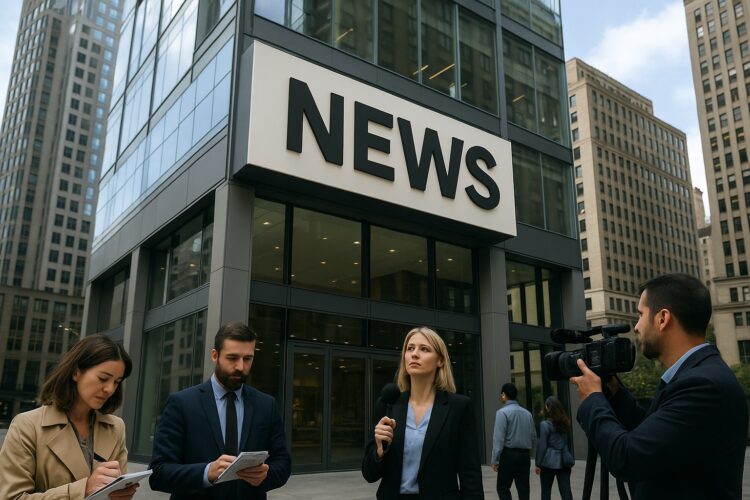 Periodistas con micrófono y cámaras frente a edificio en Nueva York con letrero News por demanda de trump
