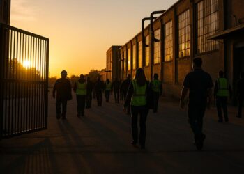 Trabajadores saliendo de una fábrica al atardecer, reflejando el enfriamiento del mercado laboral en EE.UU.
