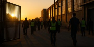 Trabajadores saliendo de una fábrica al atardecer, reflejando el enfriamiento del mercado laboral en EE.UU.