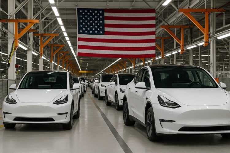 Fábrica en Estados Unidos con autos eléctricos ( EV )blancos en línea de producción bajo una bandera estadounidense