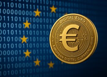 Moneda dorada con símbolo del euro digital frente a código binario y estrellas de la Unión Europea