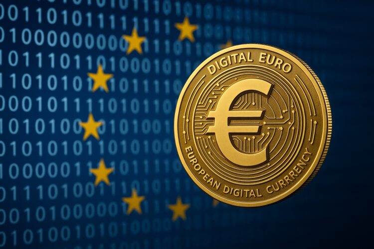 Moneda dorada con símbolo del euro digital frente a código binario y estrellas de la Unión Europea