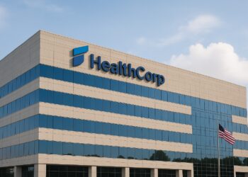 Fachada de edificio corporativo HealthCorp en EE.UU. con logotipo iluminado y bandera al frente
