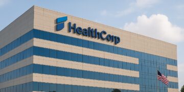 Fachada de edificio corporativo HealthCorp en EE.UU. con logotipo iluminado y bandera al frente