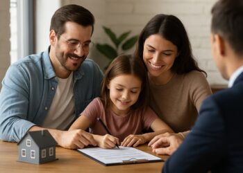 Familia con hija pequeña firma documentos para compra de vivienda en oficina inmobiliaria en EE.UU.
