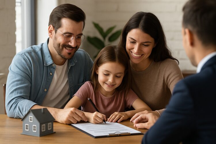 Familia con hija pequeña firma documentos para compra de vivienda en oficina inmobiliaria en EE.UU.