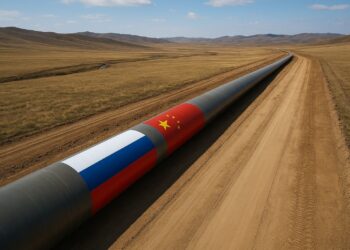 Vista aérea del gasoducto Power of Siberia 2 en Mongolia con banderas de Rusia y China dibujadas en la tubería