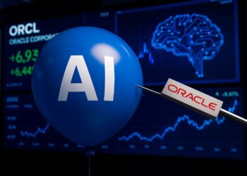 Globo azul con logo de IA frente a pantallas bursátiles mientras aguja metálica con logo de Oracle se acerca para pincharlo