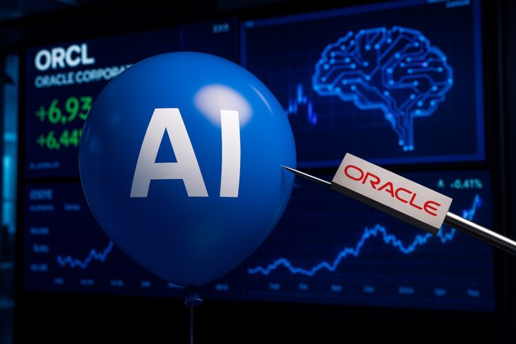 Globo azul con logo de IA frente a pantallas bursátiles mientras aguja metálica con logo de Oracle se acerca para pincharlo