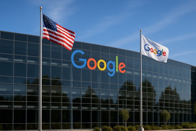  Edificio central de Google en Mountain View con fachada acristalada y banderas ondeando